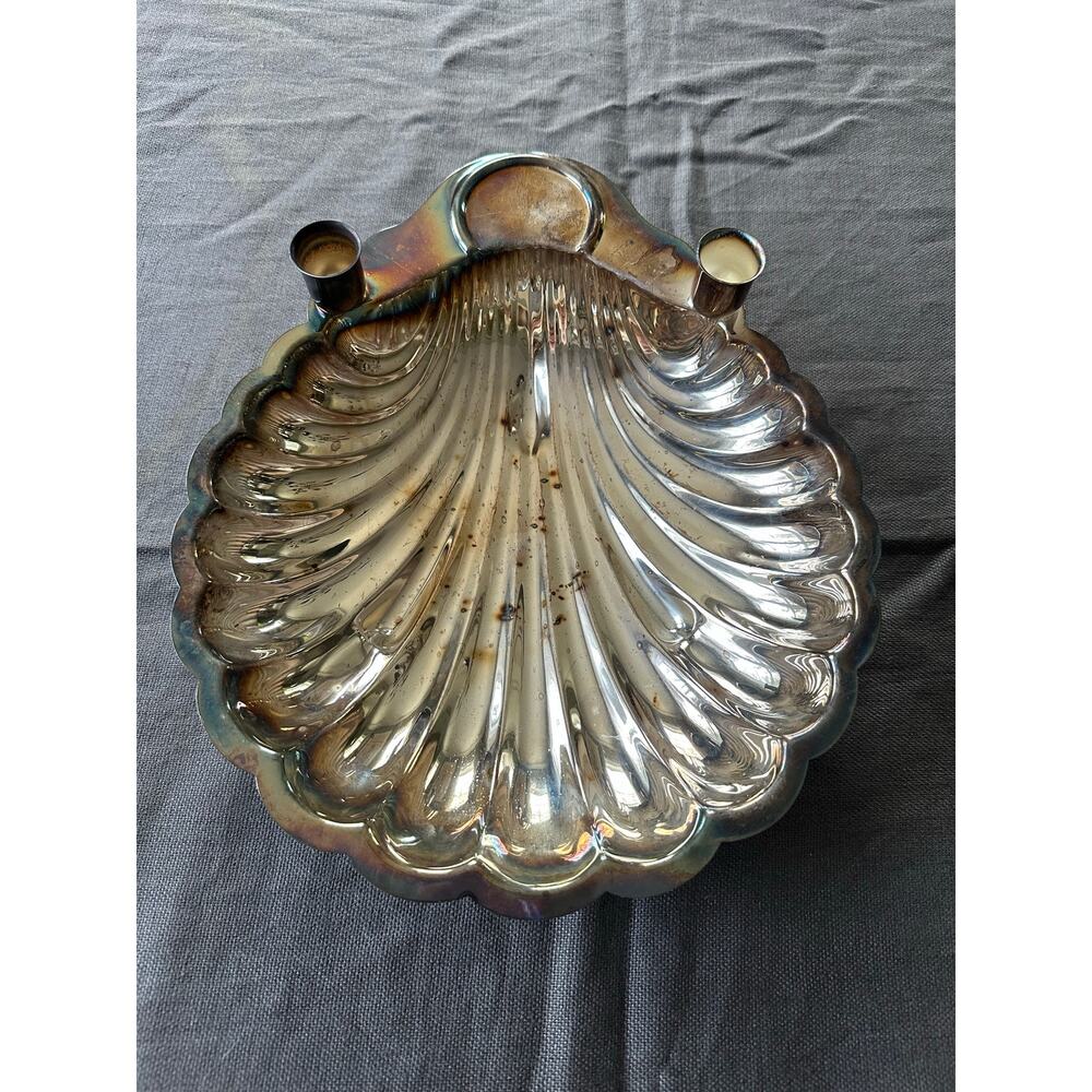 Vintage Silver plate Shell Dish Scallop Shape Candle Holder 12” bowl decor Metal